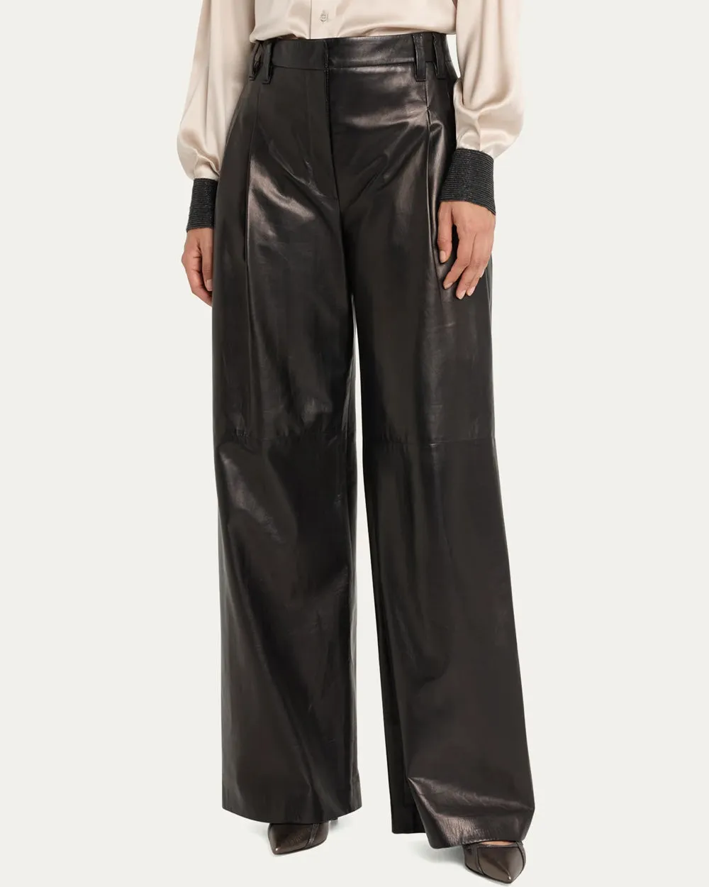 Black Napa Leather Wide Leg Trouser