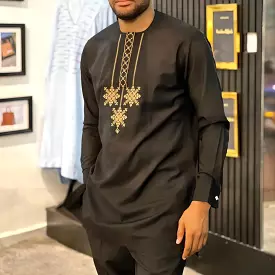 Black O-Neck African Clothing Outfit Set