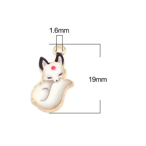 Charms, Fox, Gold Plated, Alloy, White, Enameled, 19mm