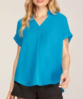 Collared Woven Top - Diva Blue