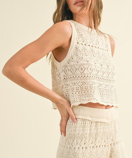 Crochet Back Button Top - Beige