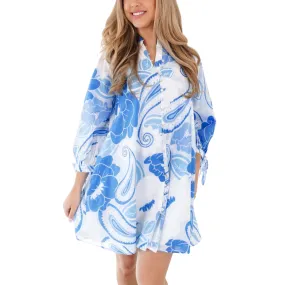 Delaney Tie Sleeve Dress - Blue/White