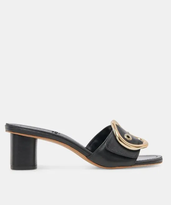 Dolce Vita Laika Block Heel Buckle Slides - Black Leather