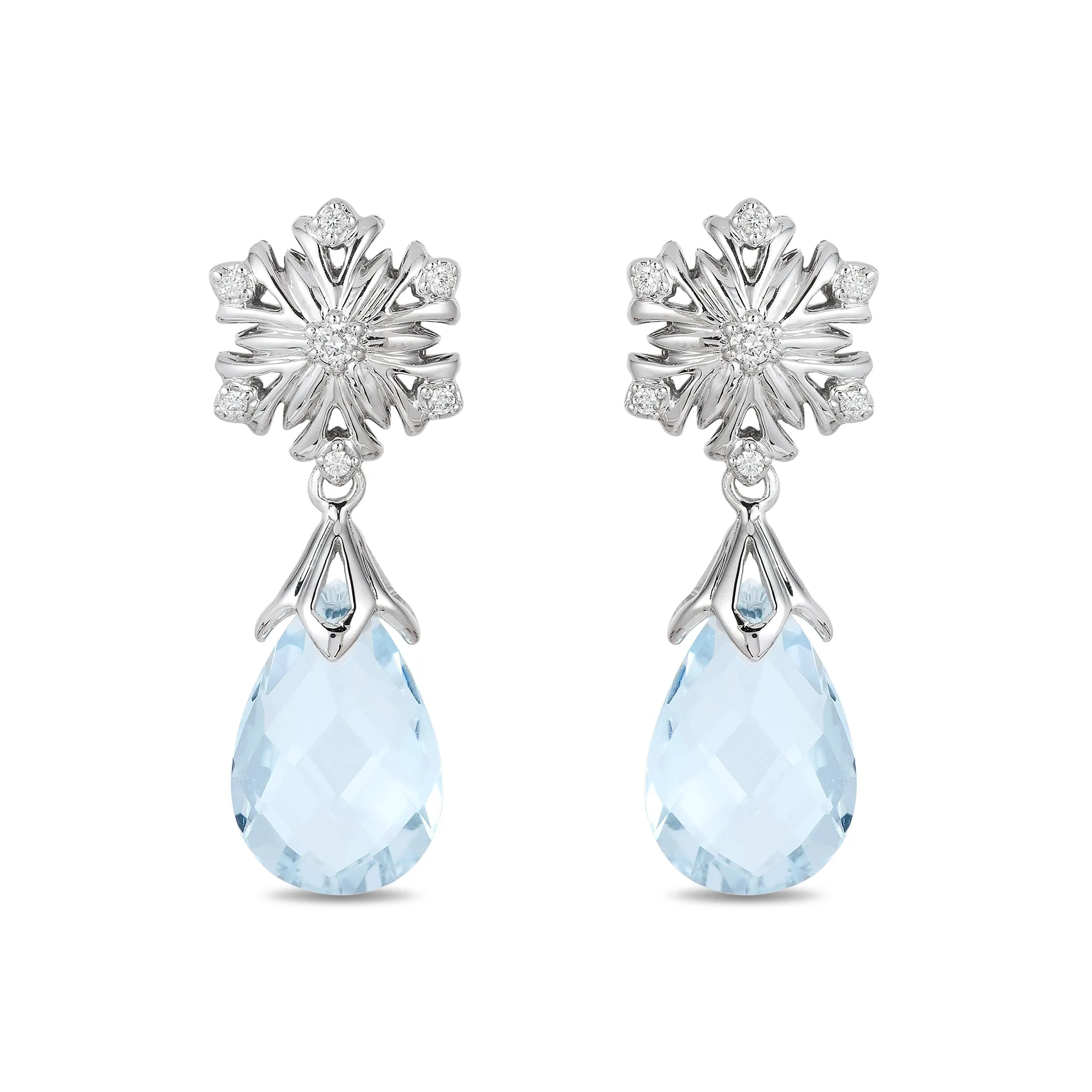 Enchanted Disney Fine Jewelry 14K White Gold With 1/10 CTTW Diamond and Aquamarine Elsa Snow Flake Earrings