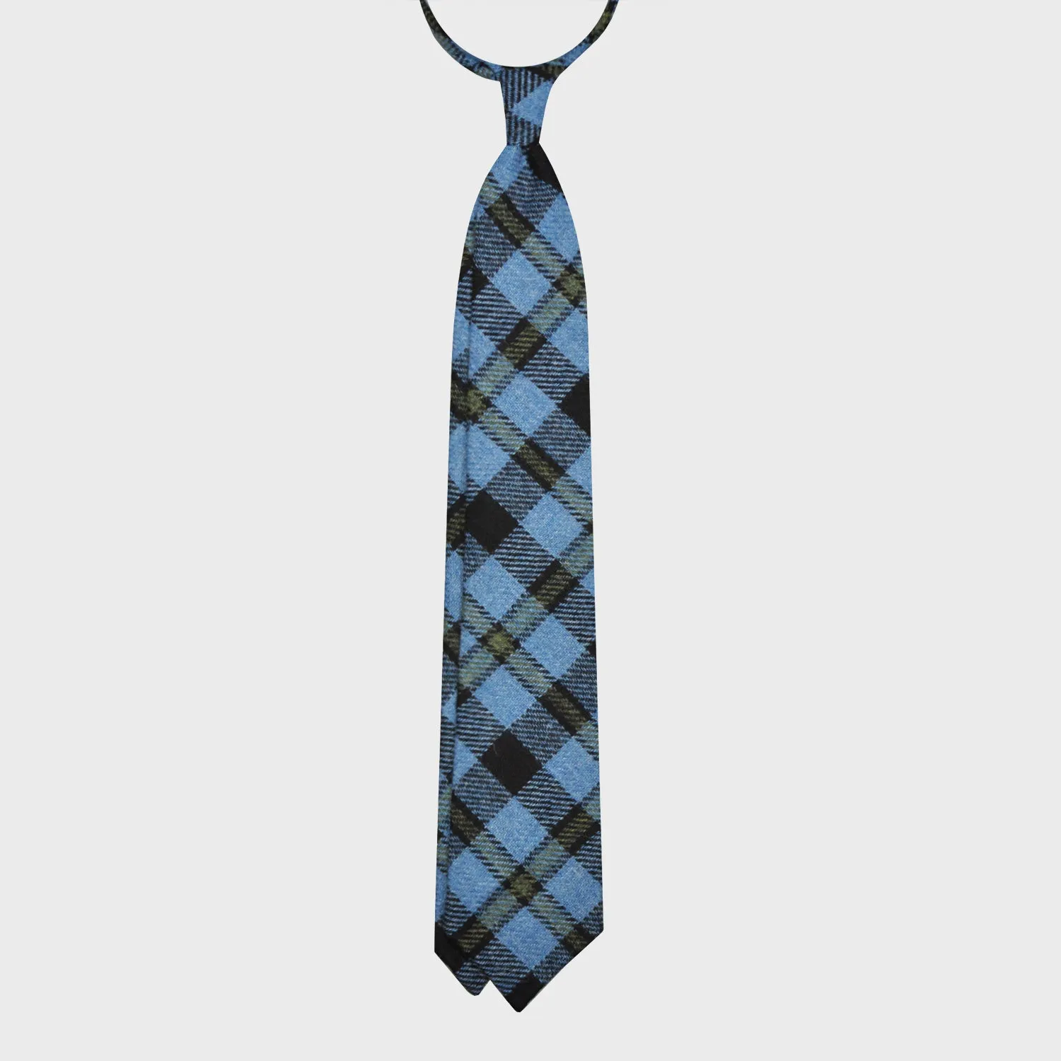 F.Marino Tweed Tie 3 Folds Plaid Checks Sky Blue