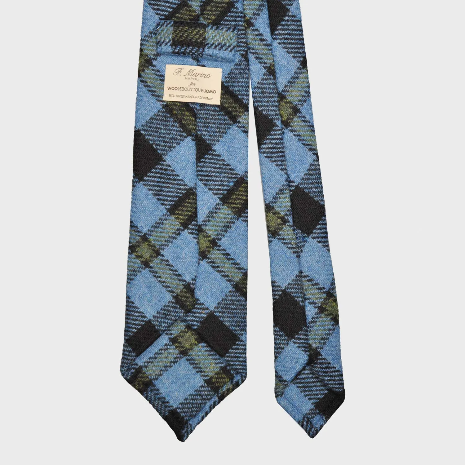 F.Marino Tweed Tie 3 Folds Plaid Checks Sky Blue