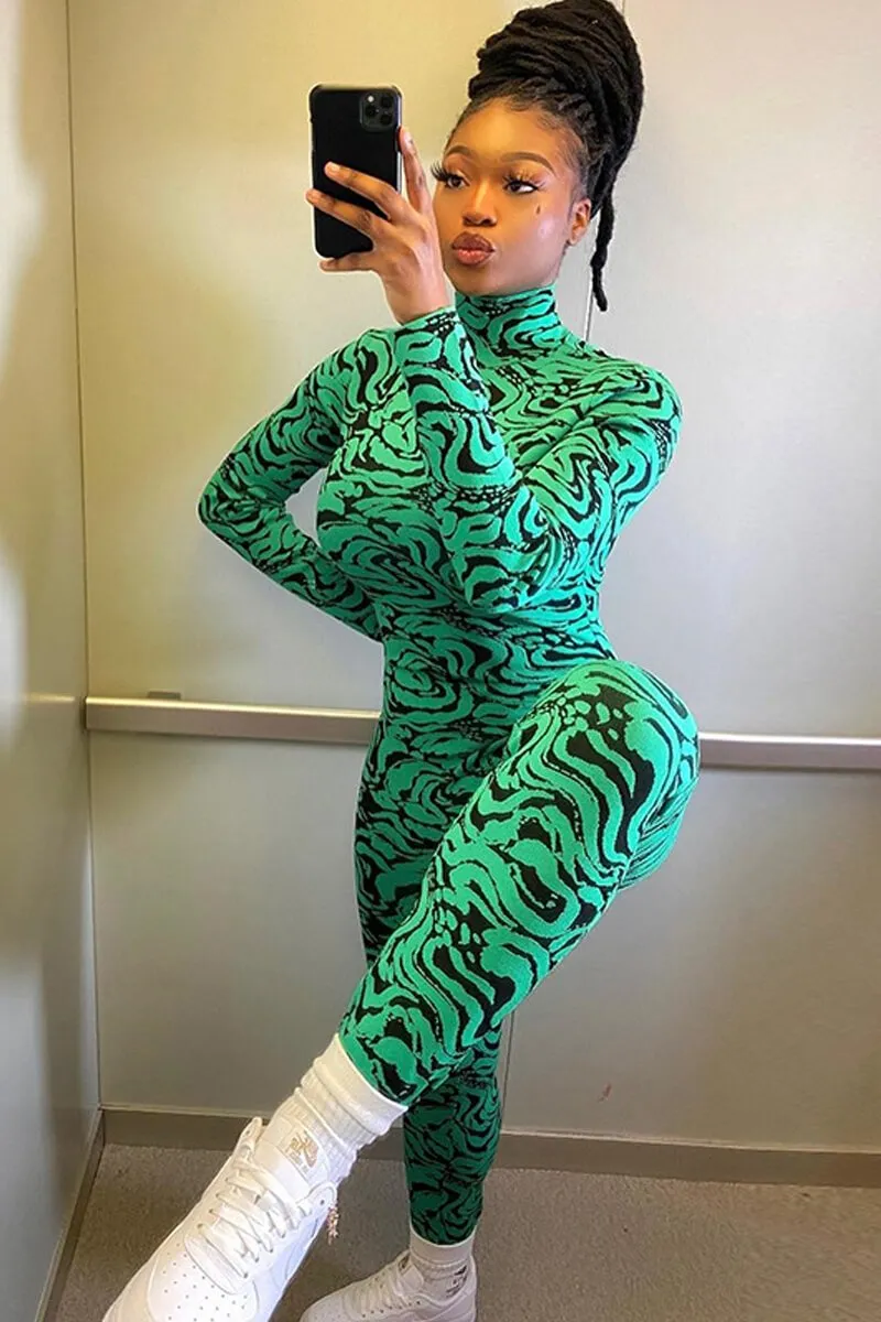 High Neck Ripple Print Bodycon Jumpsuit Long Sleeve