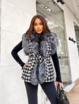 Houndstooth Fox Fur Trim Belted Wool Vest