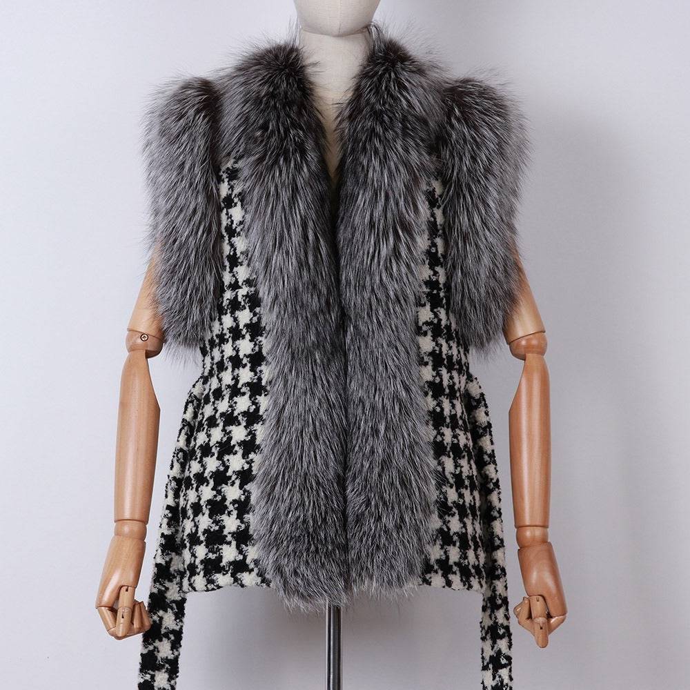 Houndstooth Fox Fur Trim Belted Wool Vest