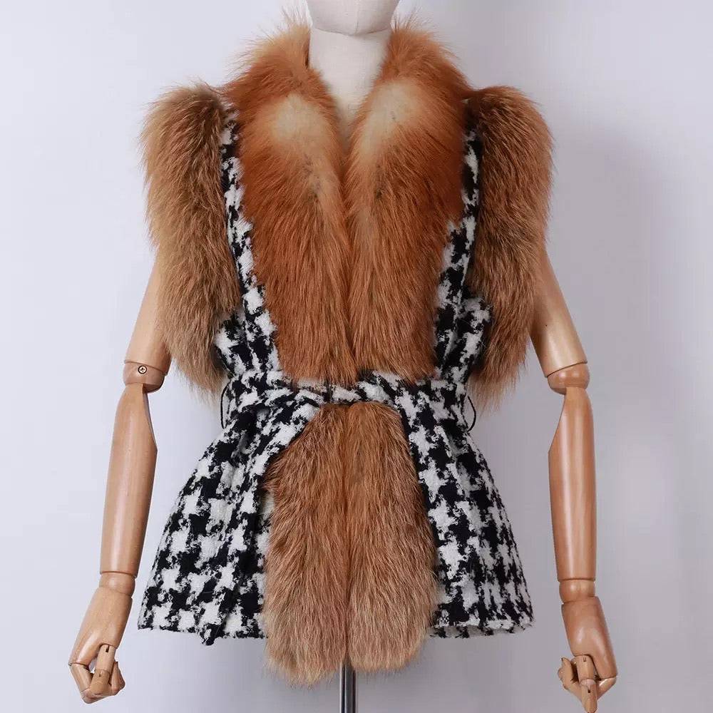 Houndstooth Fox Fur Trim Belted Wool Vest