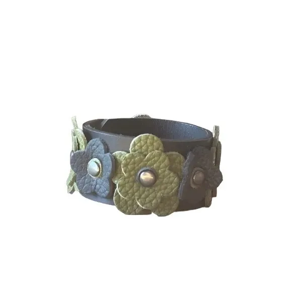 Leather Bracelet with Black and Green Flowers