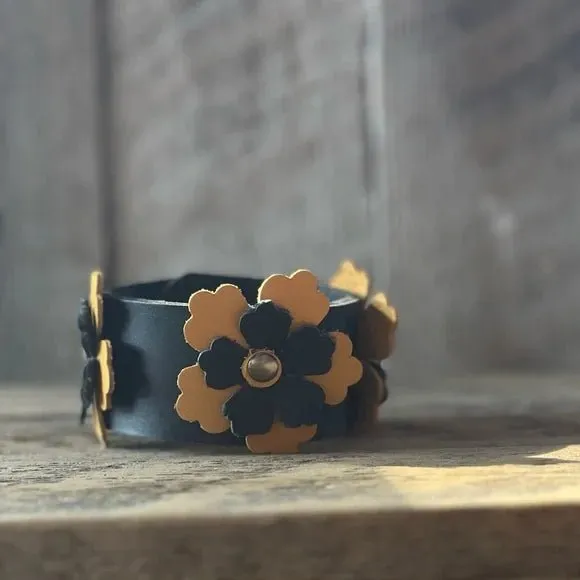 Leather Bracelet with Black and Green Flowers