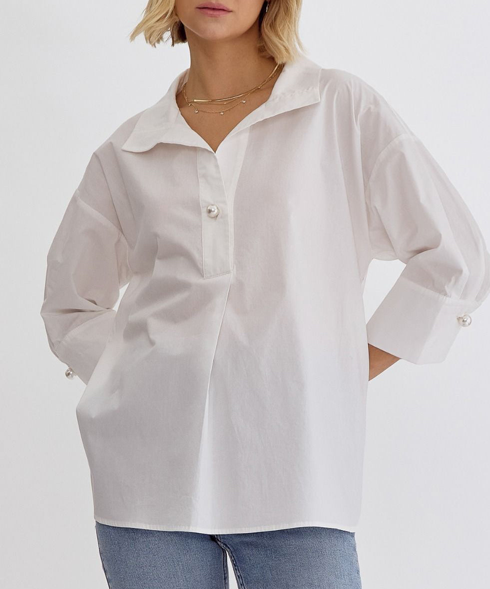 Pearl Button Closure Top - White