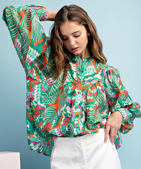 Printed Button Down Top - Green/Pink