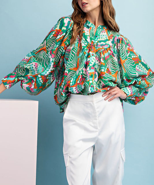 Printed Button Down Top - Green/Pink