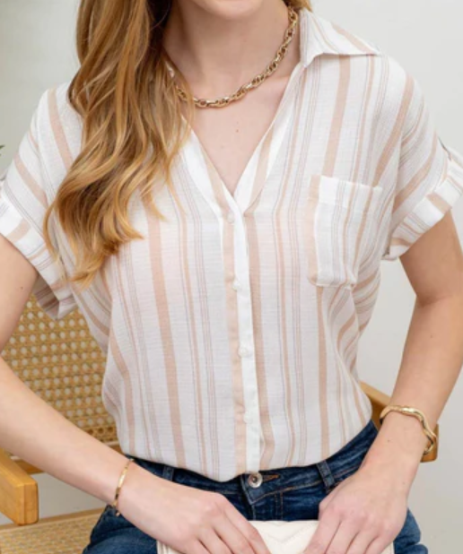 Stripe Button Down Top - Khaki Multi