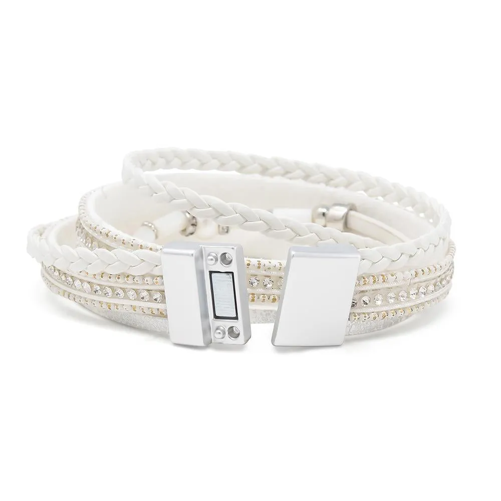 Three Row Leather Wrap Bracelet with Pearl Station White