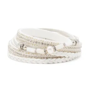 Three Row Leather Wrap Bracelet with Pearl Station White