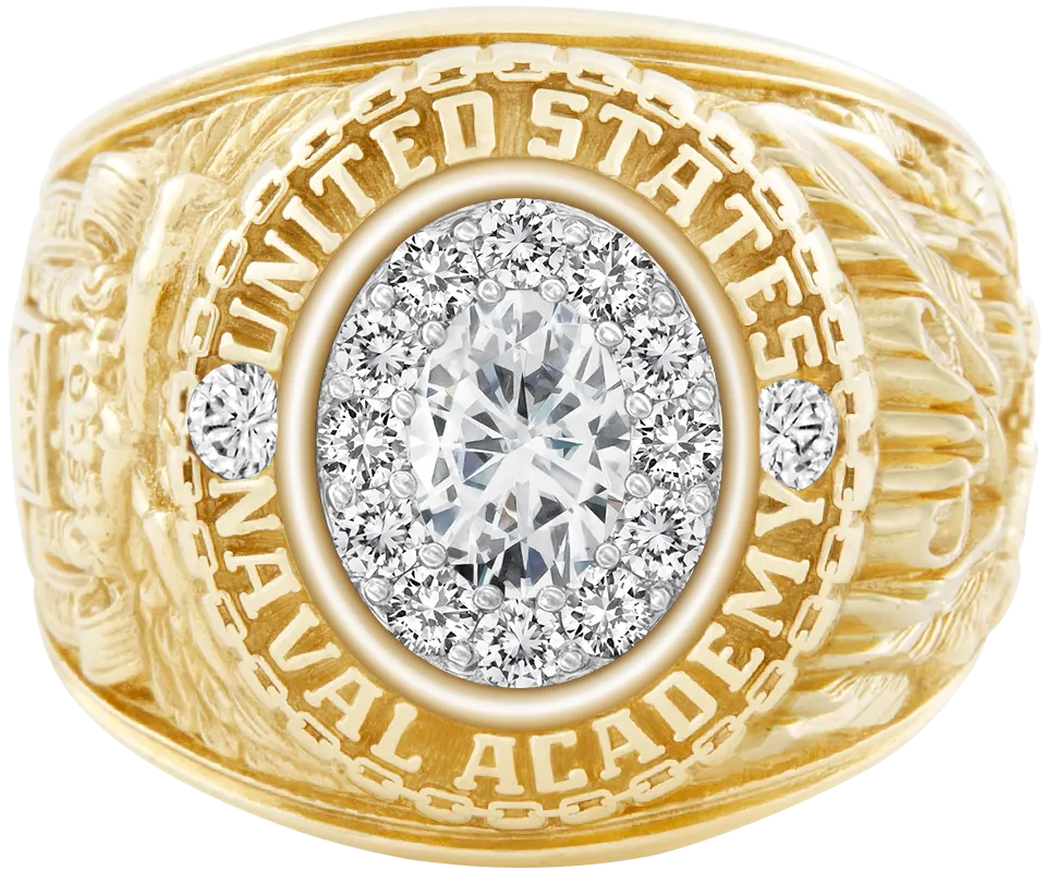 USNA Class Ring Mod with Moissanite Centerpiece and Diamond Dividers