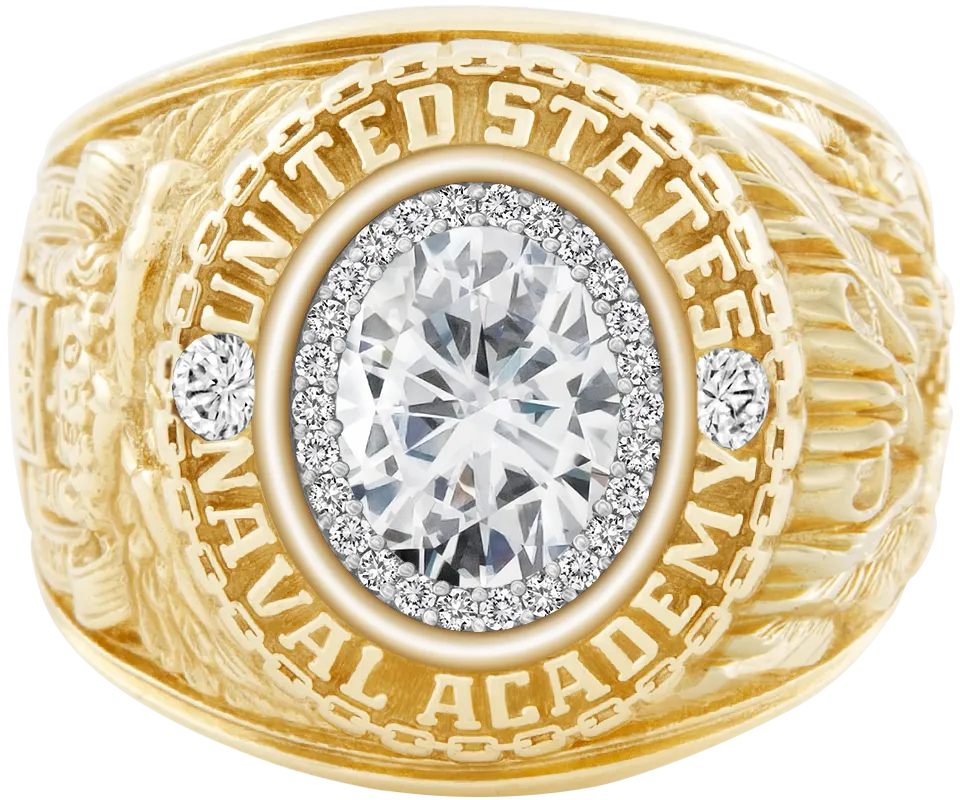 USNA Class Ring Mod with Moissanite Centerpiece and Diamond Dividers