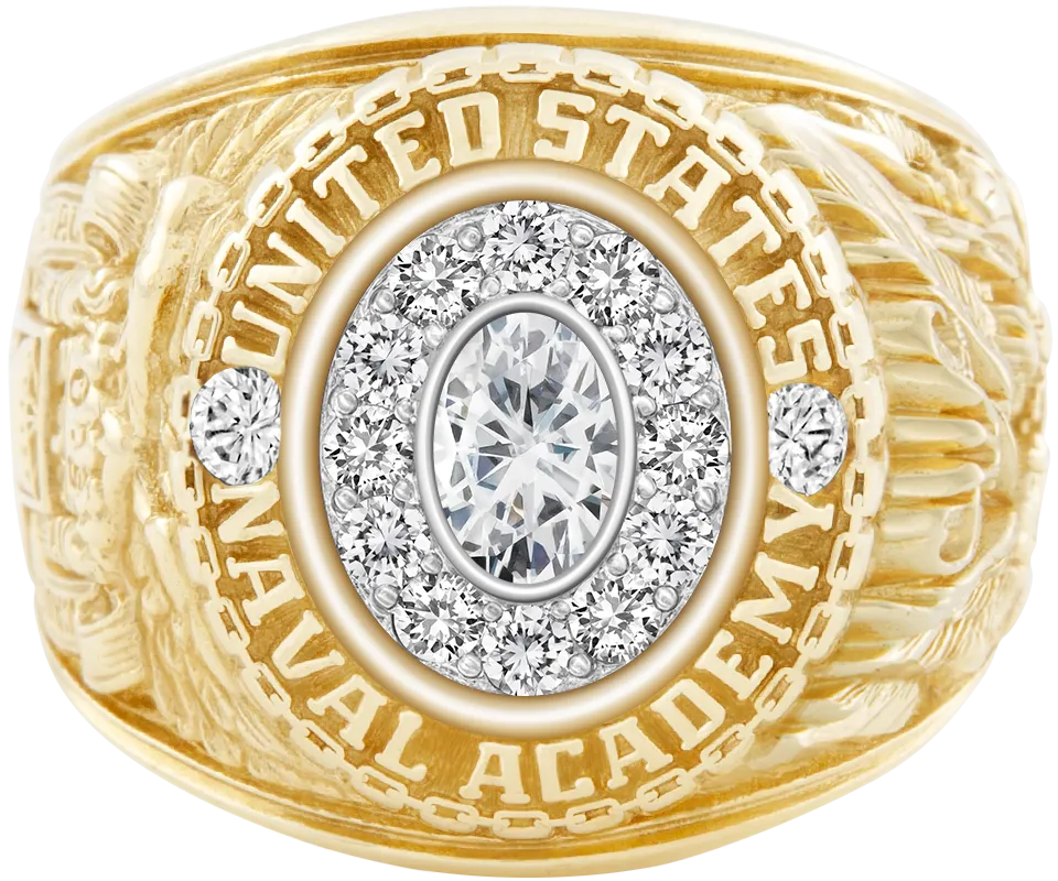 USNA Class Ring Mod with Moissanite Centerpiece and Diamond Dividers