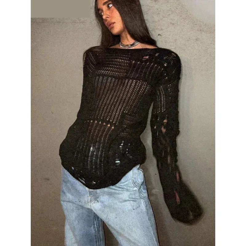 Women's Basic Solid Hollow Out O Neck Long Sleeve Knitted Loose Shirt