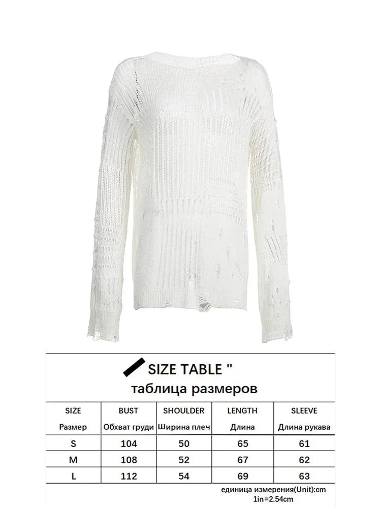 Women's Basic Solid Hollow Out O Neck Long Sleeve Knitted Loose Shirt