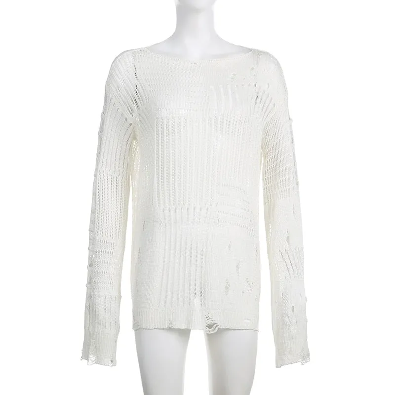 Women's Basic Solid Hollow Out O Neck Long Sleeve Knitted Loose Shirt