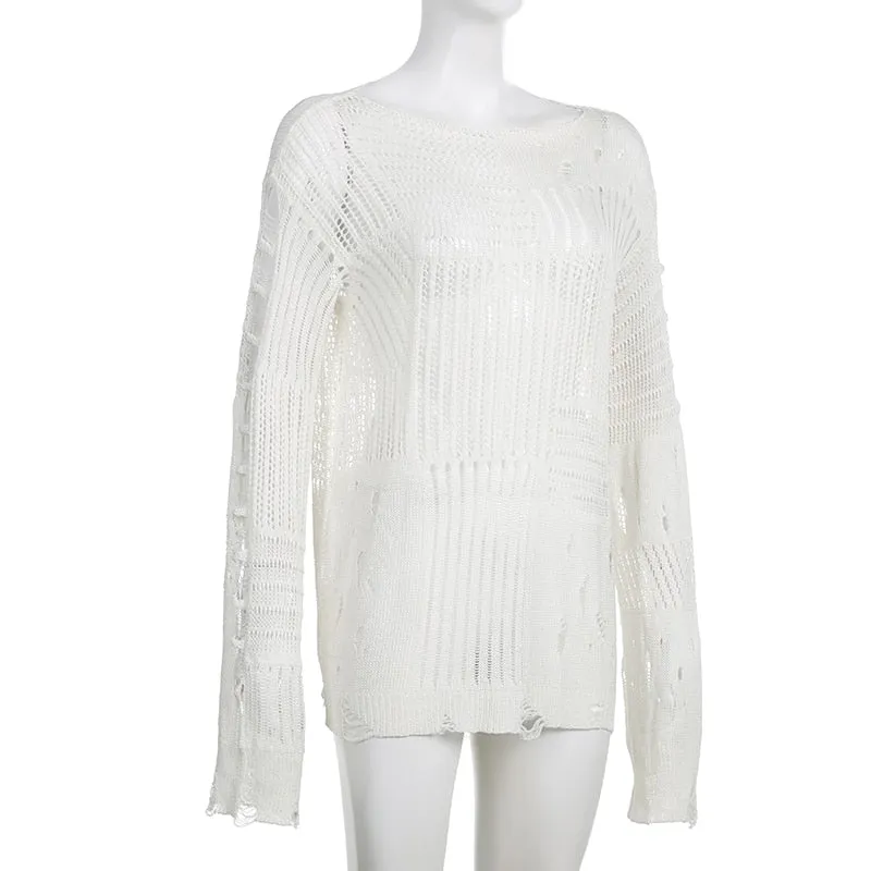 Women's Basic Solid Hollow Out O Neck Long Sleeve Knitted Loose Shirt