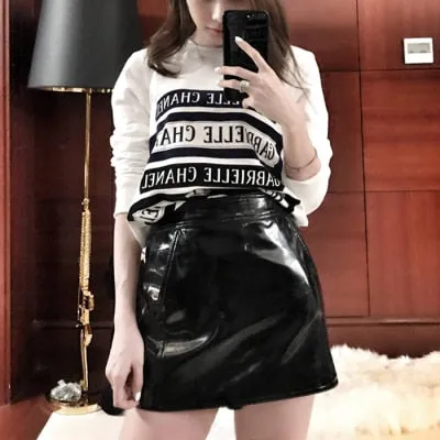 Women's Solid Office Casual Genuine Leather High Waist Mini Skirt