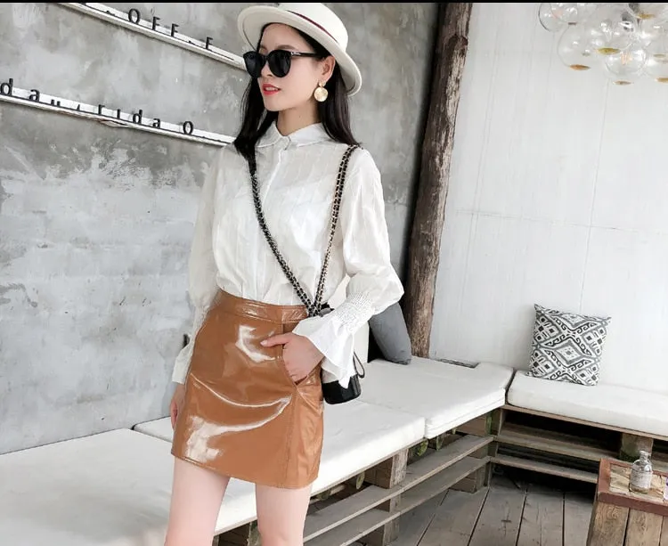 Women's Solid Office Casual Genuine Leather High Waist Mini Skirt