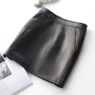 Women's Solid Office Casual Genuine Leather High Waist Mini Skirt